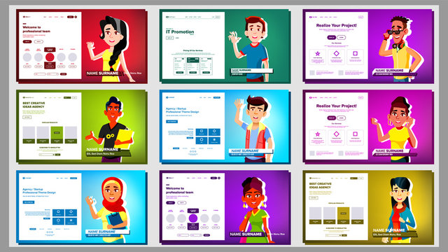Self Presentation Banner Set Vector. Multiracial Person. Female, Male. Introduce Yourself Or Your Project, Business. Illustration
