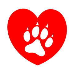Dog paw print on red heart concept animal care symbol.
