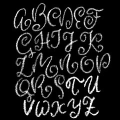 Chalk curly font. Grunge script on chalkboard. Vector calligraphy illustration.