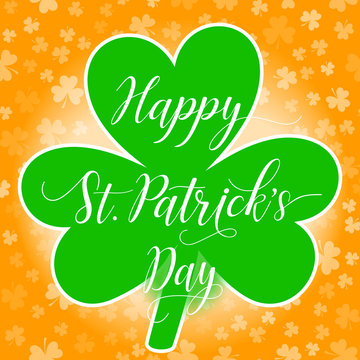 Happy St Patrick's Day greeting card template with clover leaf and shamrock leaves background