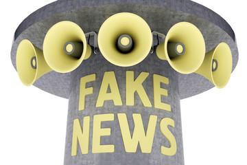 group of megaphones on post with text fake news