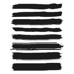 Set of black paint, ink brush strokes, brushes, lines. Grunge artistic design elements. Isolated on white background. Vector illustration.