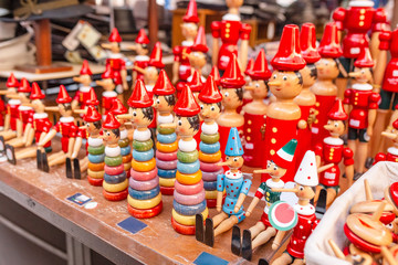  pinocchio puppets toys for sale at touristic shop as souvenirs from Italy