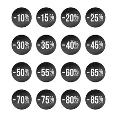black discount stickers set with sale percents numbers. From ten to eighty five