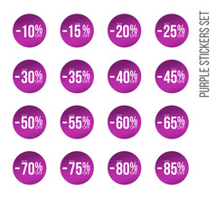 purple discount stickers set with sale percents numbers. From ten to eighty five