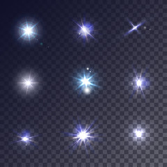 Set of realistic vector lens flare on a transparent background. Collection of beautiful lighting effects. Sparkling stars.