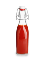 Bottle of healthy juice on white background