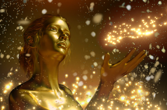 Golden Makeup - Fashion Portrait With Gold Skin And Glittering In Shiny Background