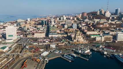 Vladivostok city aerial panoramic view, Primorsky Krai in Russia. Vladivostok is located at the head of the Golden Horn Bay. view from the top