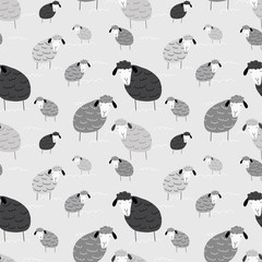 Seamless pattern cute vector illustration of graphic drawing funny sheep on grey background. Fluffy wool pet background for fabric, textile, paper, wallpaper, wrapping or greeting card. Doodle element