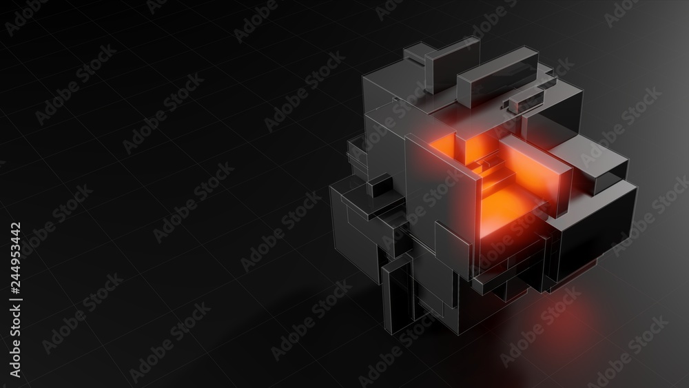 Poster abstract 3d object consisting of cubes. red glow inside the object