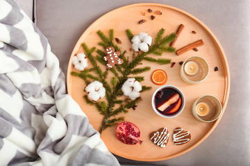 Christmas composition with tasty mulled wine on tray