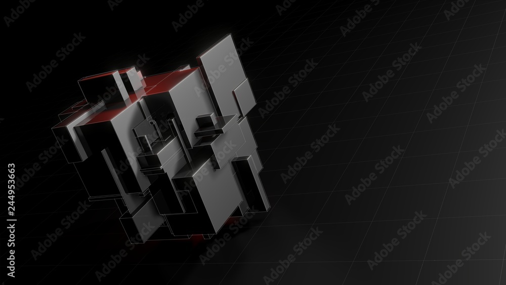 Poster abstract 3d object consisting of cubes. red glow inside the object