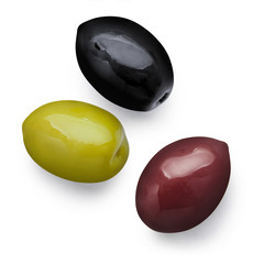 Black, green and red olives, isolated on white background