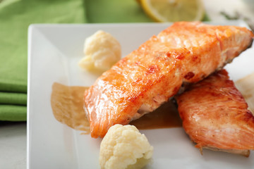 Pieces of tasty grilled salmon on plate, closeup