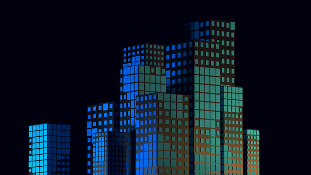 3d render abstract low poly geometric city buildings on black