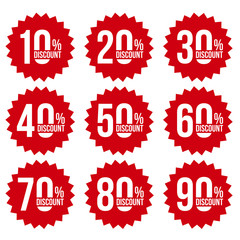 red discount stickers set with sale percents numbers. From ten to ninety