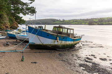 Boats on Moorings at low tide, Malpas, Truro