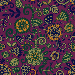 Fototapeta premium Colorful seamless floral pattern with little cute flowers, berries and swirls on it. Vector background