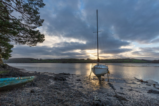 Yacht at Sunset, Malpas, near Truro in Cornwall