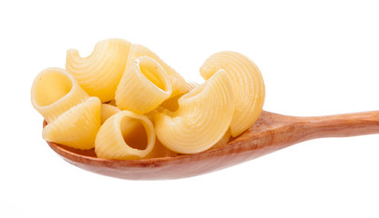 shell pasta in bowl, isolated on white background