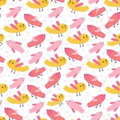 Seamless vector illustration pattern of graphic drawing cute pink and yellow birds on white background. Beautiful backdrop for fabric, textile, paper, wallpaper, wrapping, greeting card.Doodle element