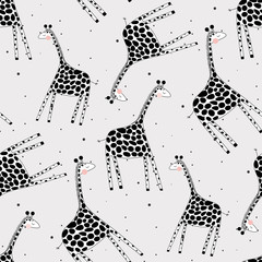 Cute kid vector illustration of seamless scandinavian style pattern of hand drawing monochrome giraffe. Safari african background with giraffe for fashion fabric, textile, paper, wallpaper, wrapping.