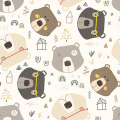 Cute childish vector illustration of seamless pattern of hand drawing bears faces with spectacle, on forest background with tree and house. Fabric, textile, paper, wallpaper, wrapping or postcard.