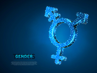 Transgender pride, people symbol. Wireframe digital 3d illustration. Low poly, men and women transsexuality concept on blue background. Abstract Vector polygonal neon LGBT sign. RGB color mode