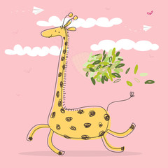 Vector illustration of cute happy giraffe with a bag full of green leaves on a pink background with white clouds in the sky. Graphic elements for kids design.Greeting card, postcard, invitation, sales