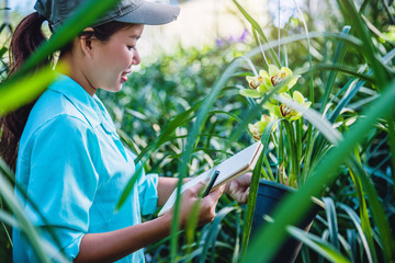 Asian woman travel relax orchid education write notes in the orchid garden,background orchid.