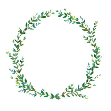Floral wreath.Garland with eucalyptus branches.Watercolor hand drawn illustration.It can be used for greeting cards, posters, wedding cards.White background.