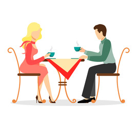 A man and a woman are drinking coffee at the table. Vector illustration on white background.
