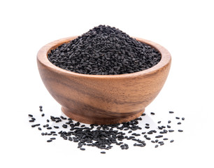 sesame in wood bowl isolated on white background