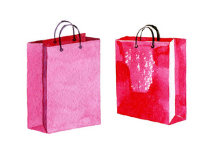 Set of Pink shopping bags. Watercolor illustration isolated on white background - 244957211