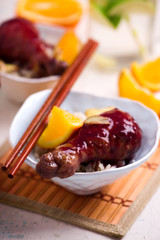 thai  chicken with chili  orange sauce and rice