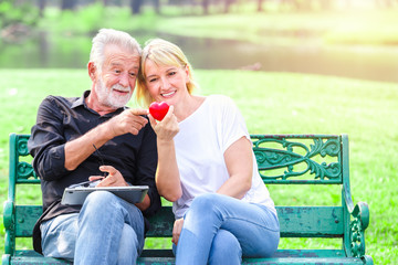 Happy senior couple in park holding heart in love valentine day concept