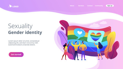 Rainbow coloured flag and LGBT community demonstration with hearts. Sexuality and gender identity, sexual orientation, LGBT movement concept. Website vibrant violet landing web page template.