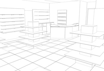 shop, store, shopping mall, contour visualization, 3D illustration, sketch, outline