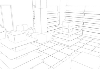 shop, store, shopping mall, contour visualization, 3D illustration, sketch, outline