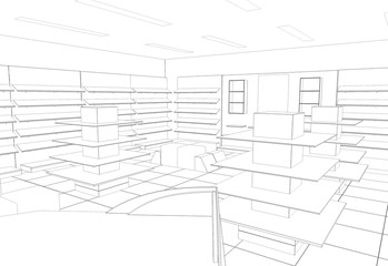 shop, store, shopping mall, contour visualization, 3D illustration, sketch, outline