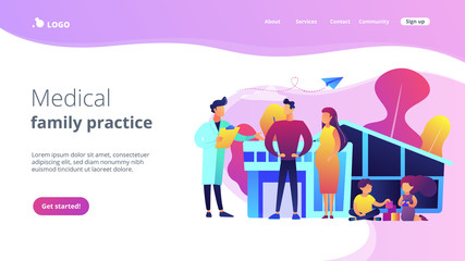 Family phisician with husband, pregnant wife and playing children. Family doctor, medical family practice, primary healthcare care concept. Website vibrant violet landing web page template.