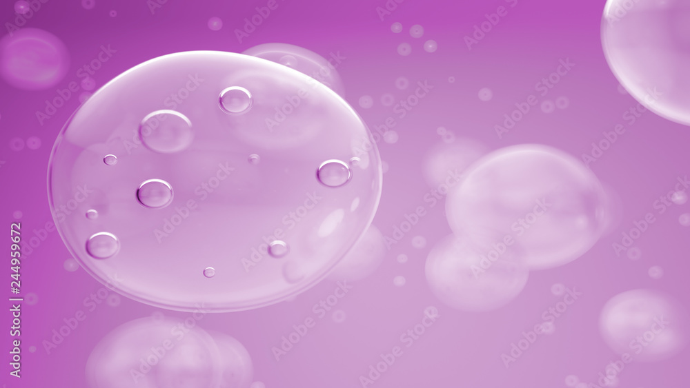 Poster 3d render beauty background with bubbles. macro shot with close up on a water bubbles.