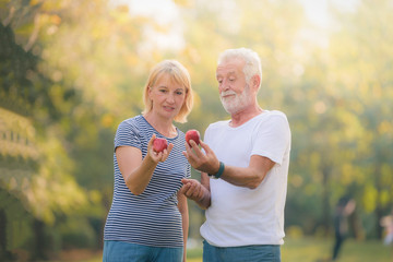 Elderly couple relaxing in garden at sunset. Concept couple elder love.