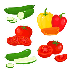 Bright vector illustration of pepper, tomato, cucumber isolated on white