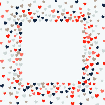 Cute little hearts pattern, random order. Perfect multicolor hearts backround for Valentines Day greeting card or wedding design. Small heart shapes in different sizes and colors. Vector illustration.