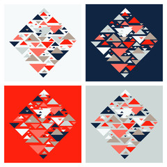 Set of four abstract geometric background - multicolor triangles pattern. Vector illustration. Red, white, grey, navy blue colors. Bold vivid colored triangles mosaic tessellation.