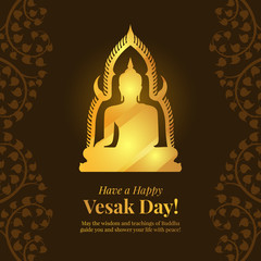 Vesak day banner card with Gold Buddha sign on dark brown bodhi leaf background vector design