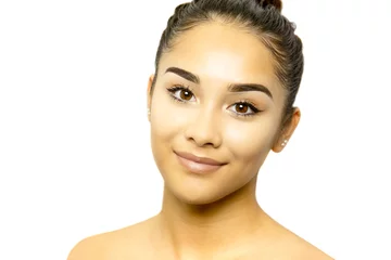 Mixed race young woman face portrait isolated on white background.