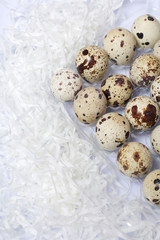 Quail eggs. They lie in a plastic container. Near paper chips. On a white background.
